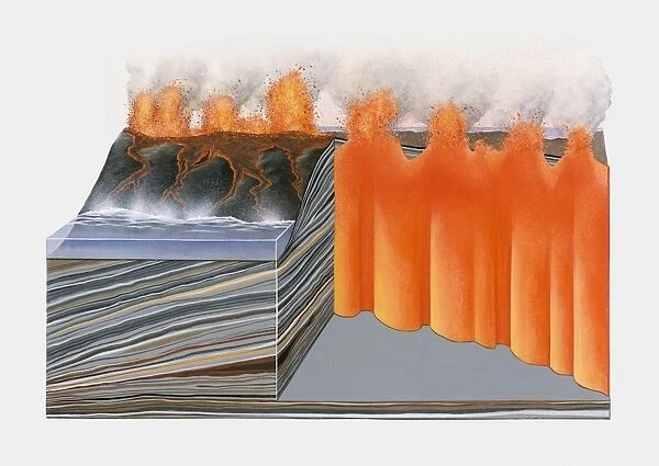 Cross section illustration of basaltic volcano