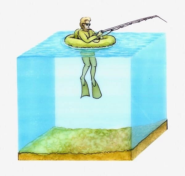 Cross section illustration of freshwater fisherman in float tube wearing flippers for propulsion in water