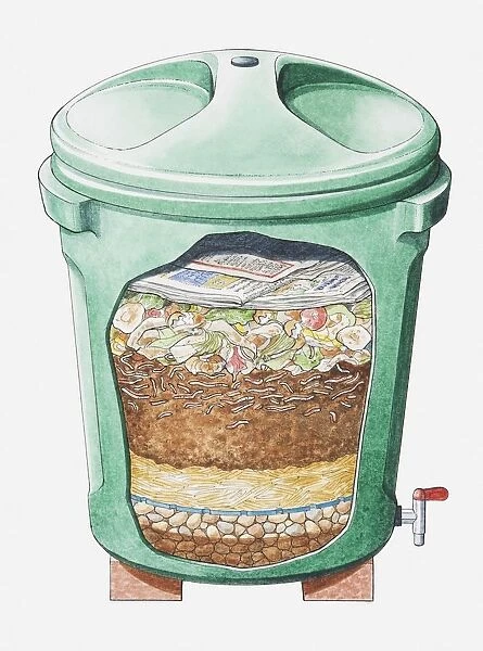 Cross section illustration of green plastic compost bin on bricks showing layers of stones, straw, soil, food waste and newspaper