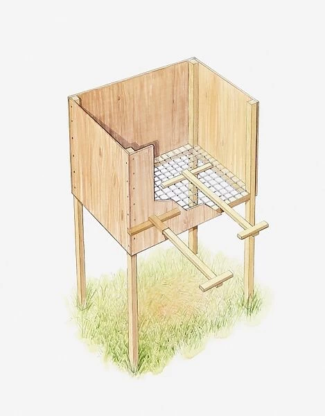 Cross section illustration of a home made wooden worm compost box