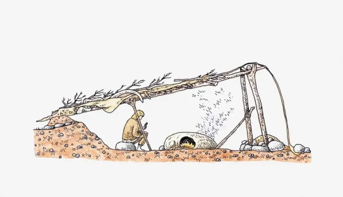 Framed Print : Cross section illustration of Ice Age mammoth hunter sitting in front of fire inside hut, Dolni Vestonice, Moravia Framed Print : Cross section illustration of Ice Age mammoth hunter sitting in front of fire inside hut, Dolni Vestonice, Moravia