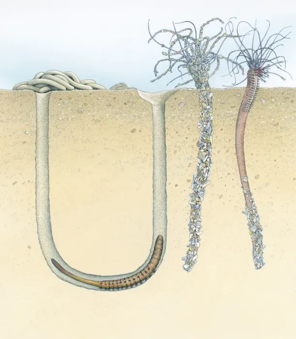 Framed Print : Cross section illustration of Lugworm in u-shaped burrow with waste at entrance, and Sand Mason showing discarded tube of shells and sand Framed Print : Cross section illustration of Lugworm in u-shaped burrow with waste at entrance, and Sand Mason showing discarded tube of shells and sand