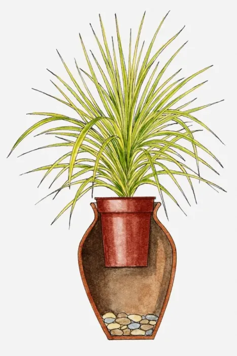 Framed Print : Cross section illustration of plant pot inside larger pot with stones at base for stability Framed Print : Cross section illustration of plant pot inside larger pot with stones at base for stability