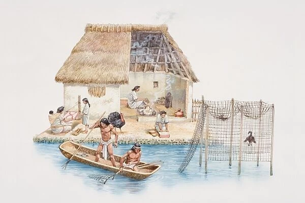 Cross-section illustration of riverside Aztec dwelling with thatched roof, woman inside sitting attending to fire, women and girl outside doing handicrafts, two men in boat catching fish with spears on river
