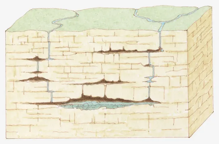 Framed Print : Cross-section illustration showing development of limestone caves, by streams and rainwater seeping through cracks and gradually dissolving the rock