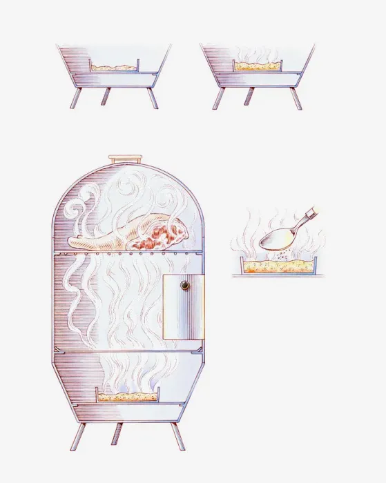 Framed Print : Cross section illustration showing the process of smoking meat in metal smoking oven Framed Print : Cross section illustration showing the process of smoking meat in metal smoking oven