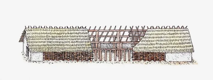 Framed Print : Cross section illustration of timber longhouse with thatched roof, Bylany, Moravia, Czech Republic