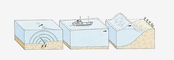Cross-section illustration of a tsunami developing out of an earthquake or eruption on the sea bed, sending out shock waves through the water and towards the shore