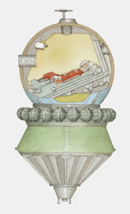 Framed Print : Cross section illustration of Yuri Gagarin in Vostok 1 space capsule Framed Print : Cross section illustration of Yuri Gagarin in Vostok 1 space capsule