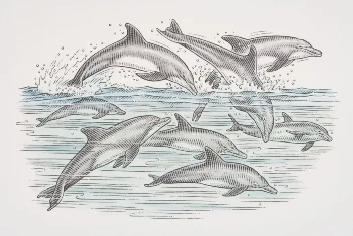 Framed Print : Cross-section underwater view of dolphins swimming and leaping over water surface, side view Framed Print : Cross-section underwater view of dolphins swimming and leaping over water surface, side view