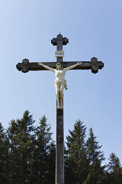 Cross on the summit of Gindelalmschneid mountain, Schliersee region, Mangfall Mountains, Bavarian Alps, Upper Bavaria, Bavaria, Germany, Europe