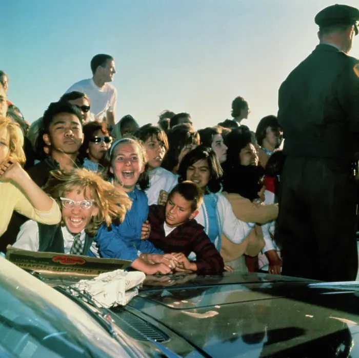 Framed Print : Crowd of Beatles Fans near Car Framed Print : Crowd of Beatles Fans near Car
