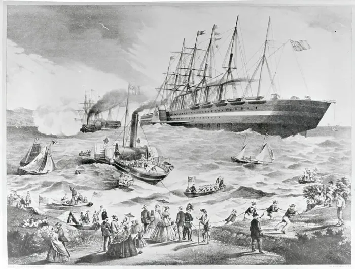 Framed Print : Crowd and Boats to Greet Large Ship Atlantic Cable