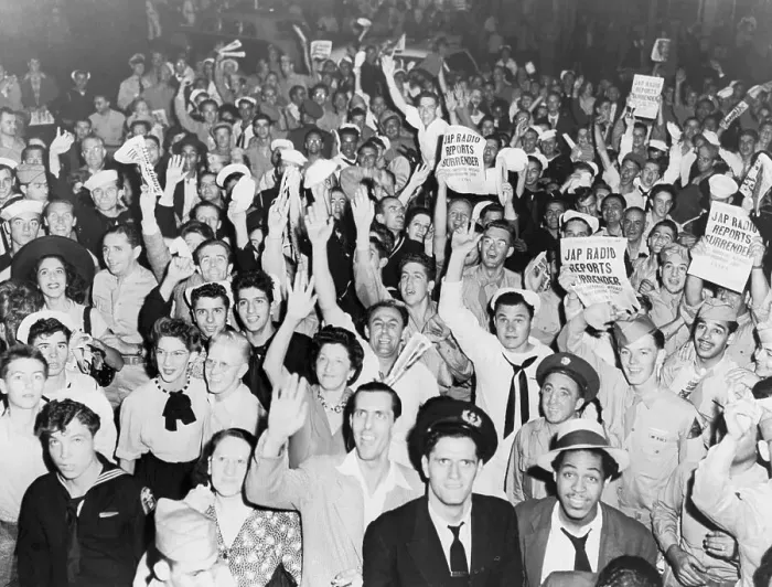 Framed Print : Crowd Cheer News Of Japanese Surrender