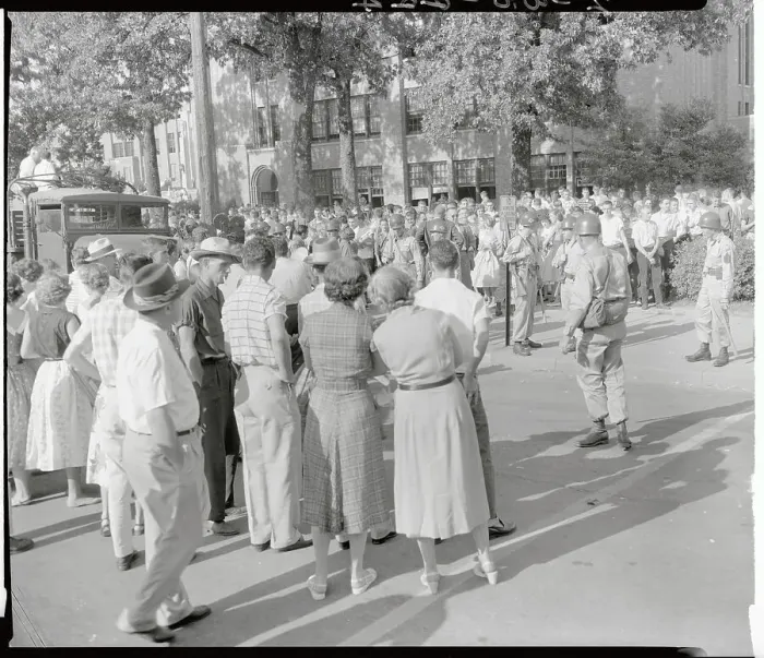 Framed Print : Crowd Gathered Across Street from School Framed Print : Crowd Gathered Across Street from School