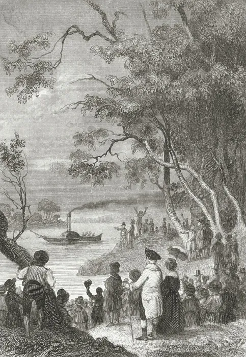 Framed Print : Crowd Gazing out at Sailing of New Boat the Fulton Framed Print : Crowd Gazing out at Sailing of New Boat the Fulton