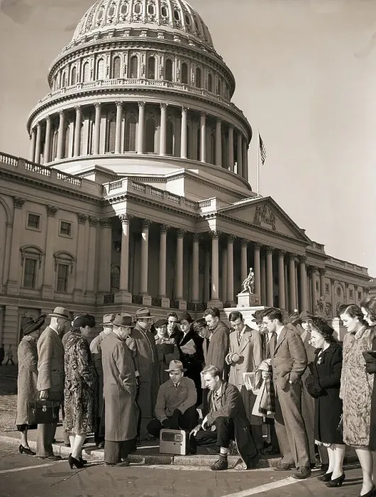 Framed Print : A Crowd Listens to President Roosevelt Declare War Framed Print : A Crowd Listens to President Roosevelt Declare War