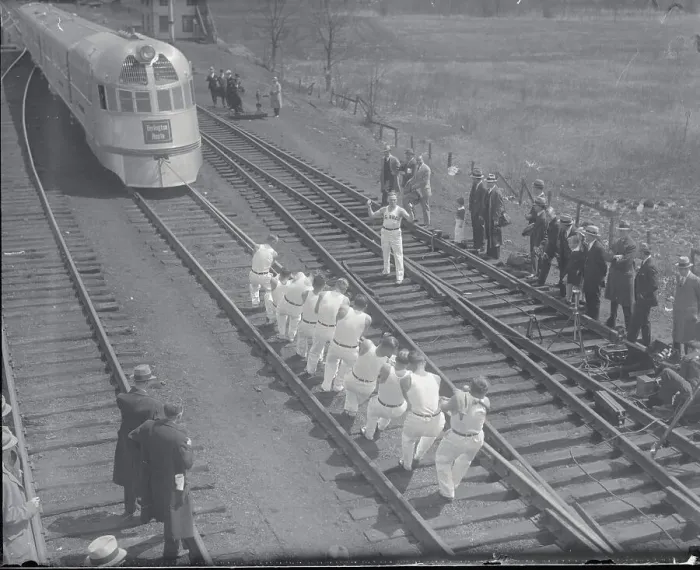 Framed Print : Crowd Observing Newly Designed Train Framed Print : Crowd Observing Newly Designed Train