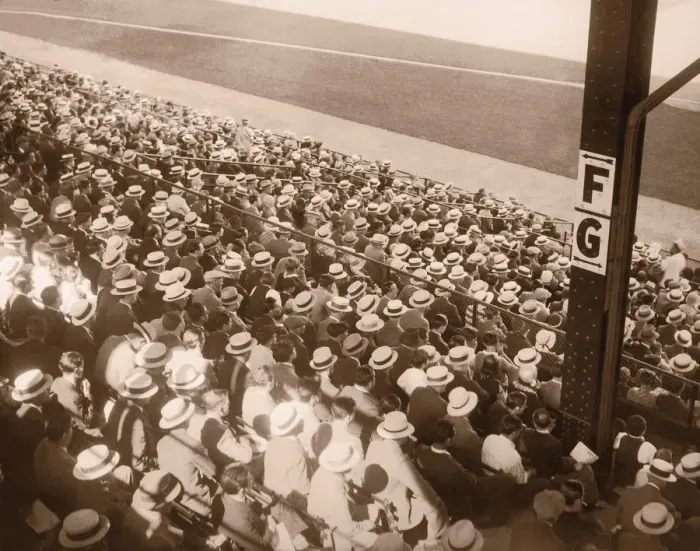 Framed Print : Crowd of people sitting in baseball stadium, rear, elevated view (B&W) Framed Print : Crowd of people sitting in baseball stadium, rear, elevated view (B&W)