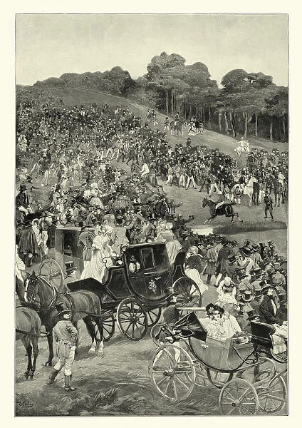 Crowd of people watching a steeplechase, horse race