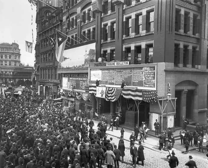 Framed Print : Crowd Reads News Boards at Tribune Building Framed Print : Crowd Reads News Boards at Tribune Building