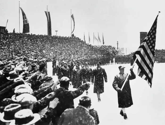 Framed Print : Crowd Salutes American Athletes - 1936 Winter Olympic Games Framed Print : Crowd Salutes American Athletes - 1936 Winter Olympic Games
