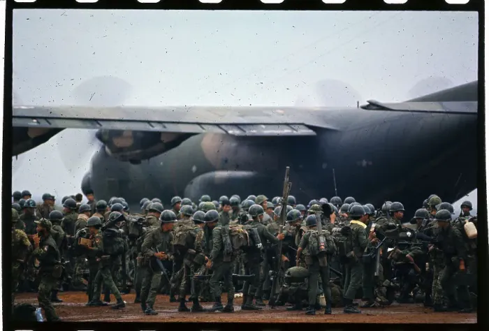 Framed Print : Crowd of Soldiers Near Tail of Military Plane Framed Print : Crowd of Soldiers Near Tail of Military Plane