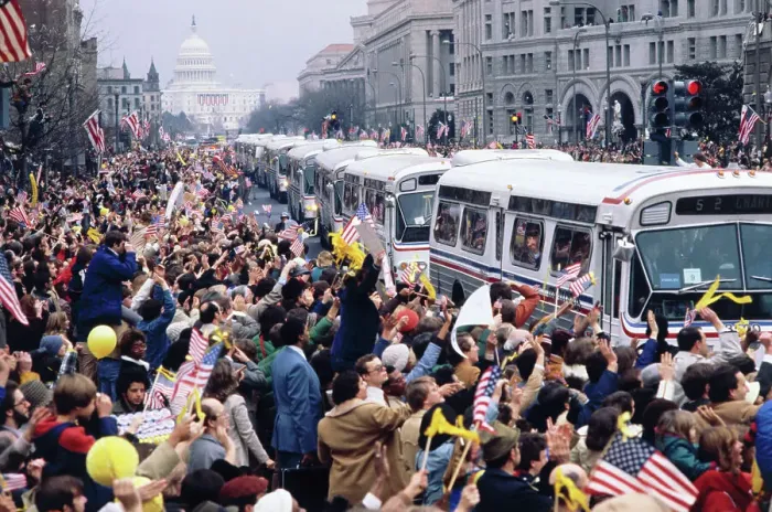 Framed Print : Crowd Surrounding Bus Carrying Former Iran Hostages Framed Print : Crowd Surrounding Bus Carrying Former Iran Hostages