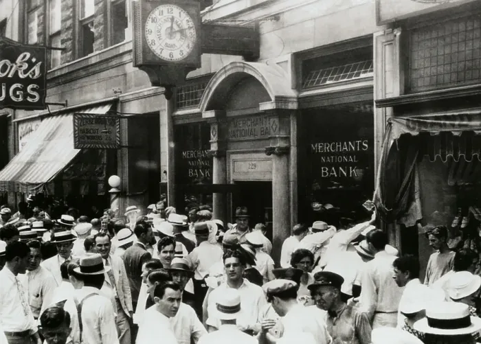 Framed Print : Crowd Swarming Outside Bank