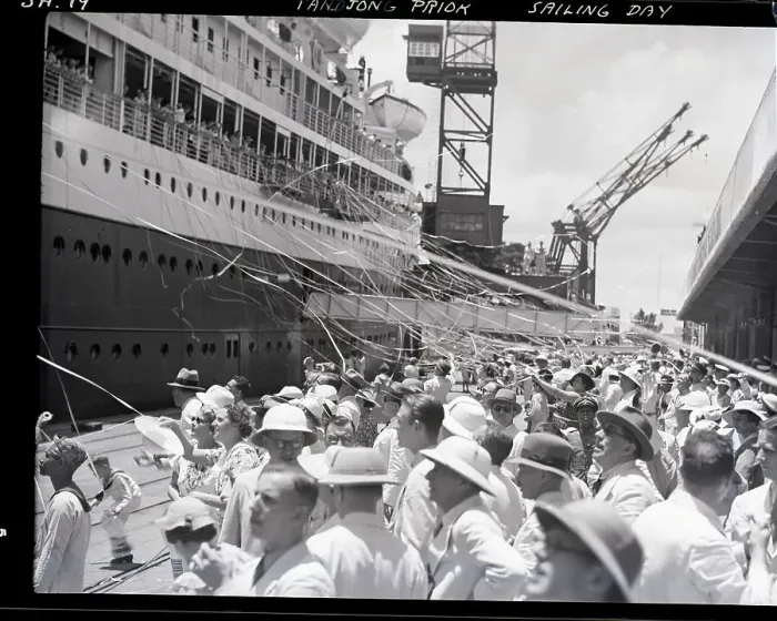 Framed Print : Crowd Throws Confetti At Departing Ship Framed Print : Crowd Throws Confetti At Departing Ship