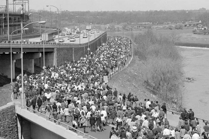 Framed Print : Crowd Walking On Closed Highway Framed Print : Crowd Walking On Closed Highway