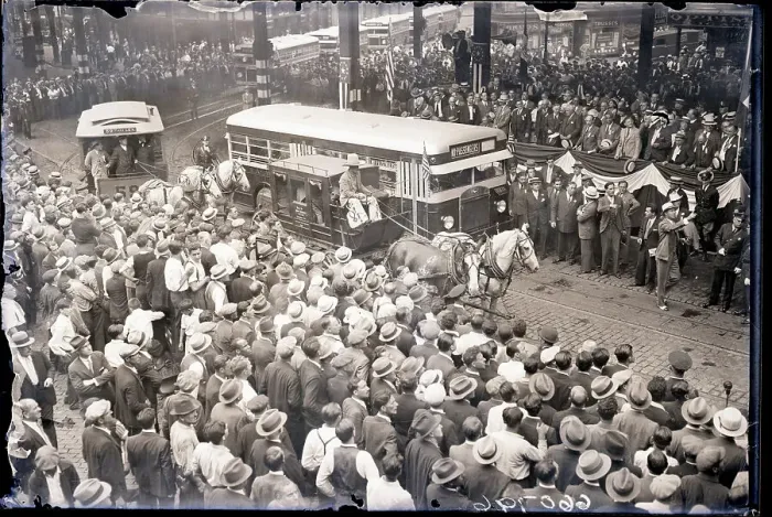 Framed Print : Crowd Watches Bus Line Debut