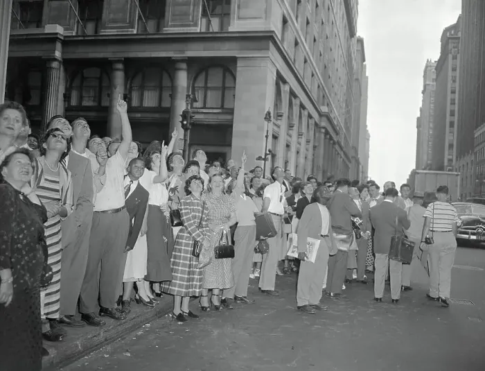 Framed Print : Crowd Watching for Man Jumping off Building Framed Print : Crowd Watching for Man Jumping off Building