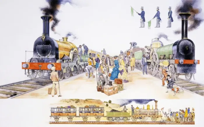 Framed Print : Crowded platform at Victorian railway station, with two locomotive steam trains either side Framed Print : Crowded platform at Victorian railway station, with two locomotive steam trains either side