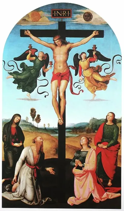 Framed Print : Crucifixion, by Raffaello Sanzio da Urbino, also Raffael da Urbino, Raffaello Santi, Raffaello Sanzio, Raphael, Italian painter, Italy, digitally restored reproduction of a work of art (public domain) from c. 1500 Framed Print : Crucifixion, by Raffaello Sanzio da Urbino, also Raffael da Urbino, Raffaello Santi, Raffaello Sanzio, Raphael, Italian painter, Italy, digitally restored reproduction of a work of art (public domain) from c. 1500