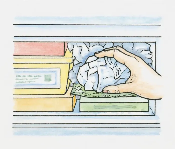 Framed Print : Crumpled newspaper in plastic bags being placed into empty spaces in a freezer to maintain efficient freezing Framed Print : Crumpled newspaper in plastic bags being placed into empty spaces in a freezer to maintain efficient freezing