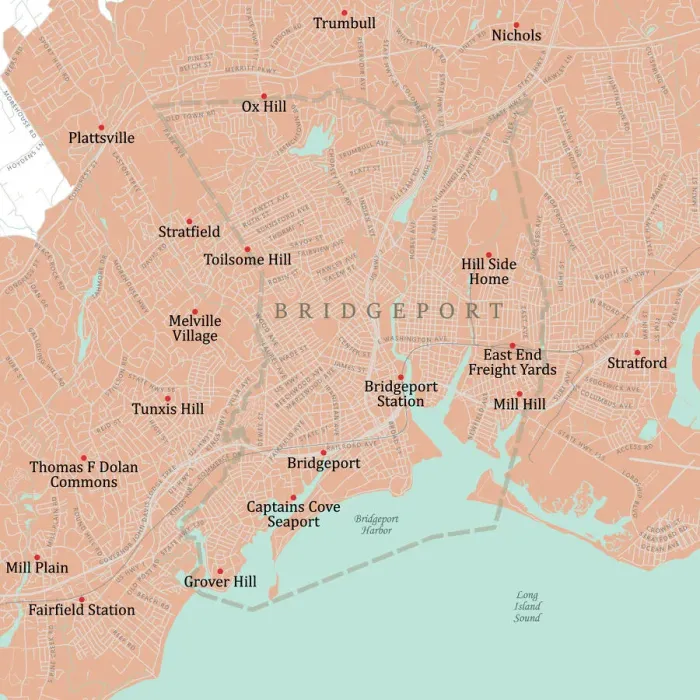 Framed Print : CT Fairfield Bridgeport Vector Road Map