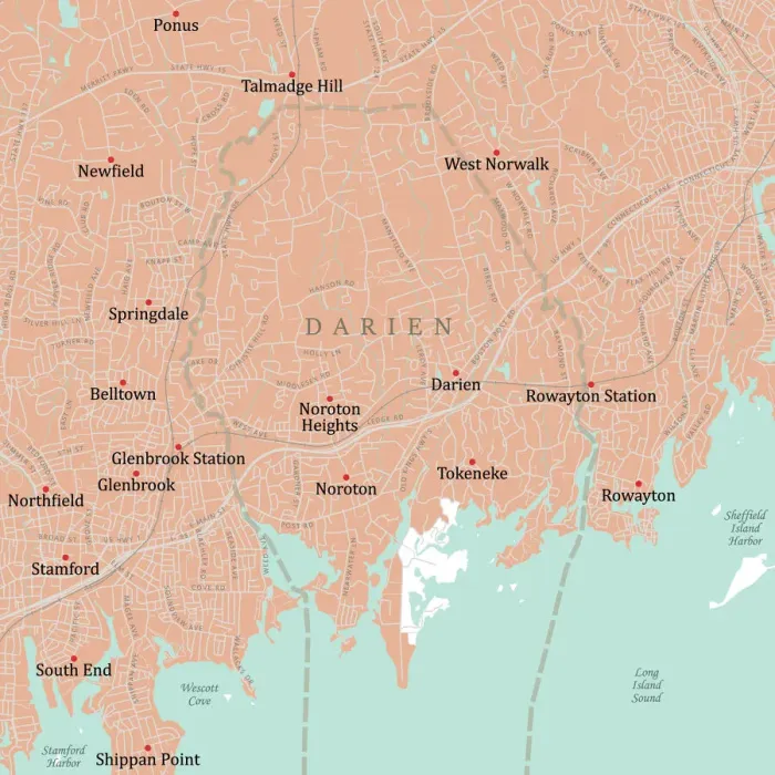 Framed Print : CT Fairfield Darien Vector Road Map Framed Print : CT Fairfield Darien Vector Road Map
