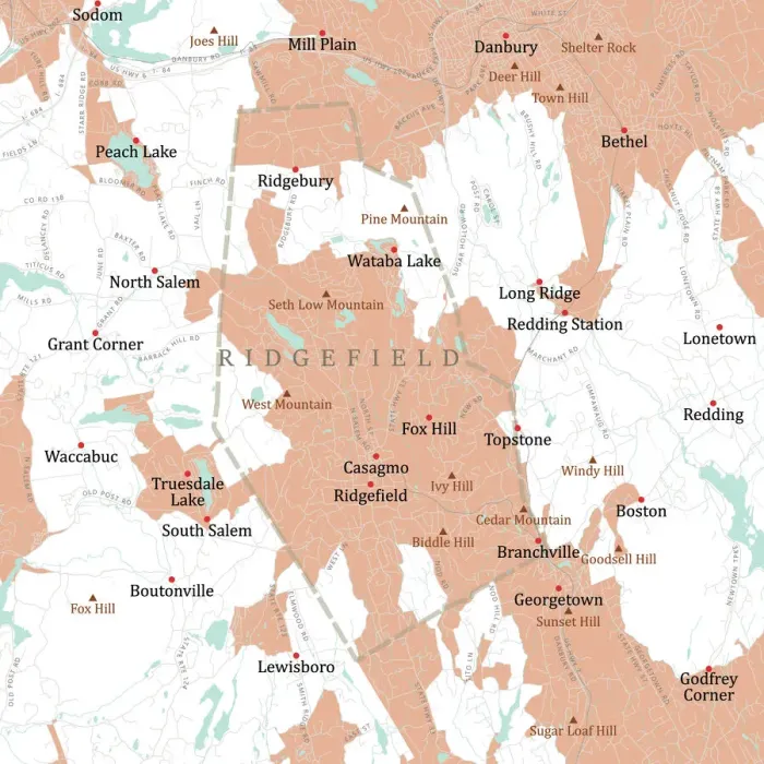 Framed Print : CT Fairfield Ridgefield Vector Road Map Framed Print : CT Fairfield Ridgefield Vector Road Map