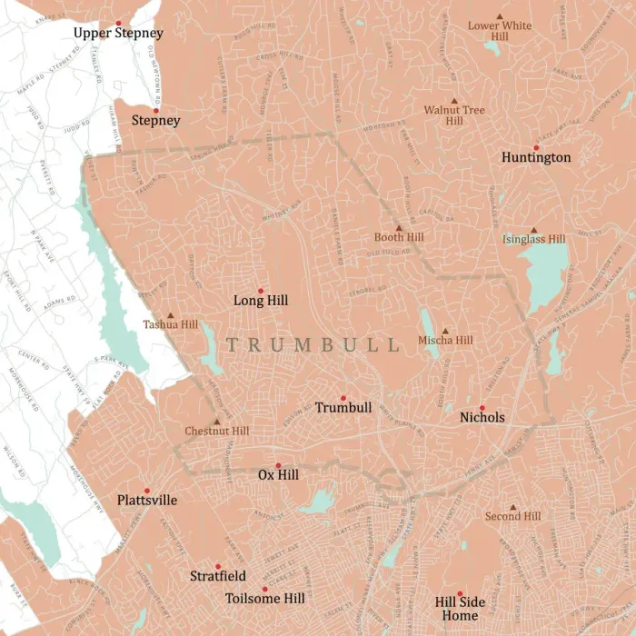 Framed Print : CT Fairfield Trumbull Vector Road Map