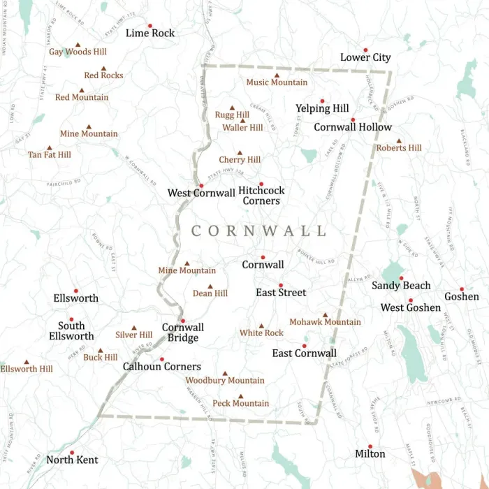 Framed Print : CT Litchfield Cornwall Vector Road Map Framed Print : CT Litchfield Cornwall Vector Road Map