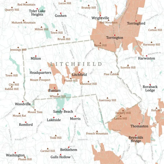 Framed Print : CT Litchfield Litchfield Town Vector Road Map Framed Print : CT Litchfield Litchfield Town Vector Road Map