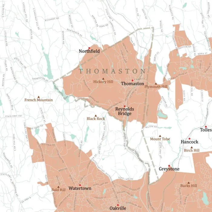 Framed Print : CT Litchfield Thomaston Vector Road Map Framed Print : CT Litchfield Thomaston Vector Road Map