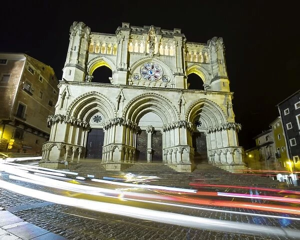 Cuenca is a UNESCO World Heritage site, Cathedral illuminated in the night