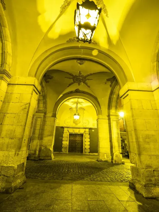 Framed Print : Cuenca is a UNESCO World Heritage site, Detail of the arches and doors of access to the town hall