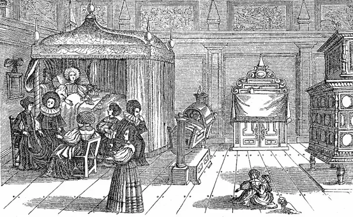 Framed Print : Cultural condition in the 17th century, childbed room, Germany, Historic, digitally restored reproduction of a 19th century original, exact original date unknown Framed Print : Cultural condition in the 17th century, childbed room, Germany, Historic, digitally restored reproduction of a 19th century original, exact original date unknown