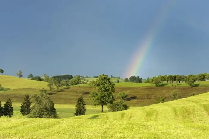 Framed Print : Cultural landscape in the Swiss Mittleland with a rainbow, Zug, Switzerland, Europe