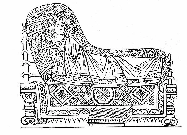 Cultural state in the 12th century, a king on his bed, after a picture in the manuscript of the Hortus deliciarum of Herrad of Landsberg, Germany, Historic, digitally restored reproduction of an original from the 19th century