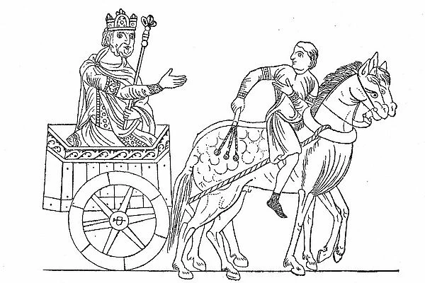 Cultural state in the 12th century, king in a horse-drawn carriage, after a picture in the manuscript of the Hortus deliciarum of Herrad of Landsberg, Germany, Historic, digitally restored reproduction of an original from the 19th century