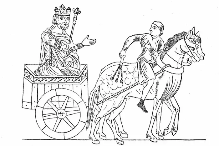 Framed Print : Cultural state in the 12th century, king in a horse-drawn carriage, after a picture in the manuscript of the Hortus deliciarum of Herrad of Landsberg, Germany, Historic, digitally restored reproduction of an original from the 19th century